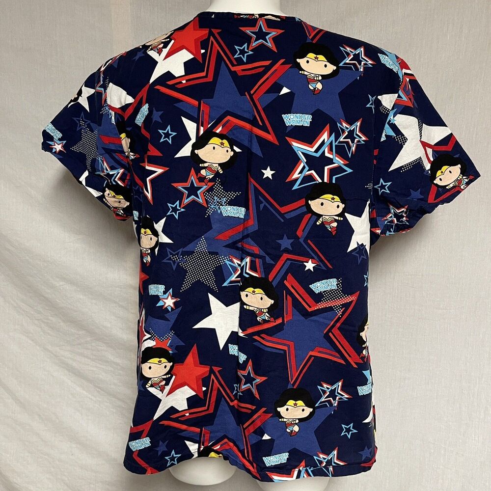 DC Comics Funko Pop Wonder Woman Mock Wrap Nurse Scrub Top Unisex Navy Red 3XL - Picture 5 of 8